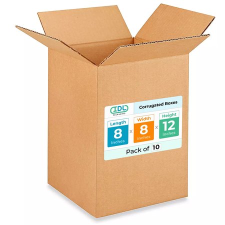 IDL PACKAGING 8L x 8W x 12H Corrugated Boxes for Shipping or Moving, Heavy Duty, 10PK B-8812-10